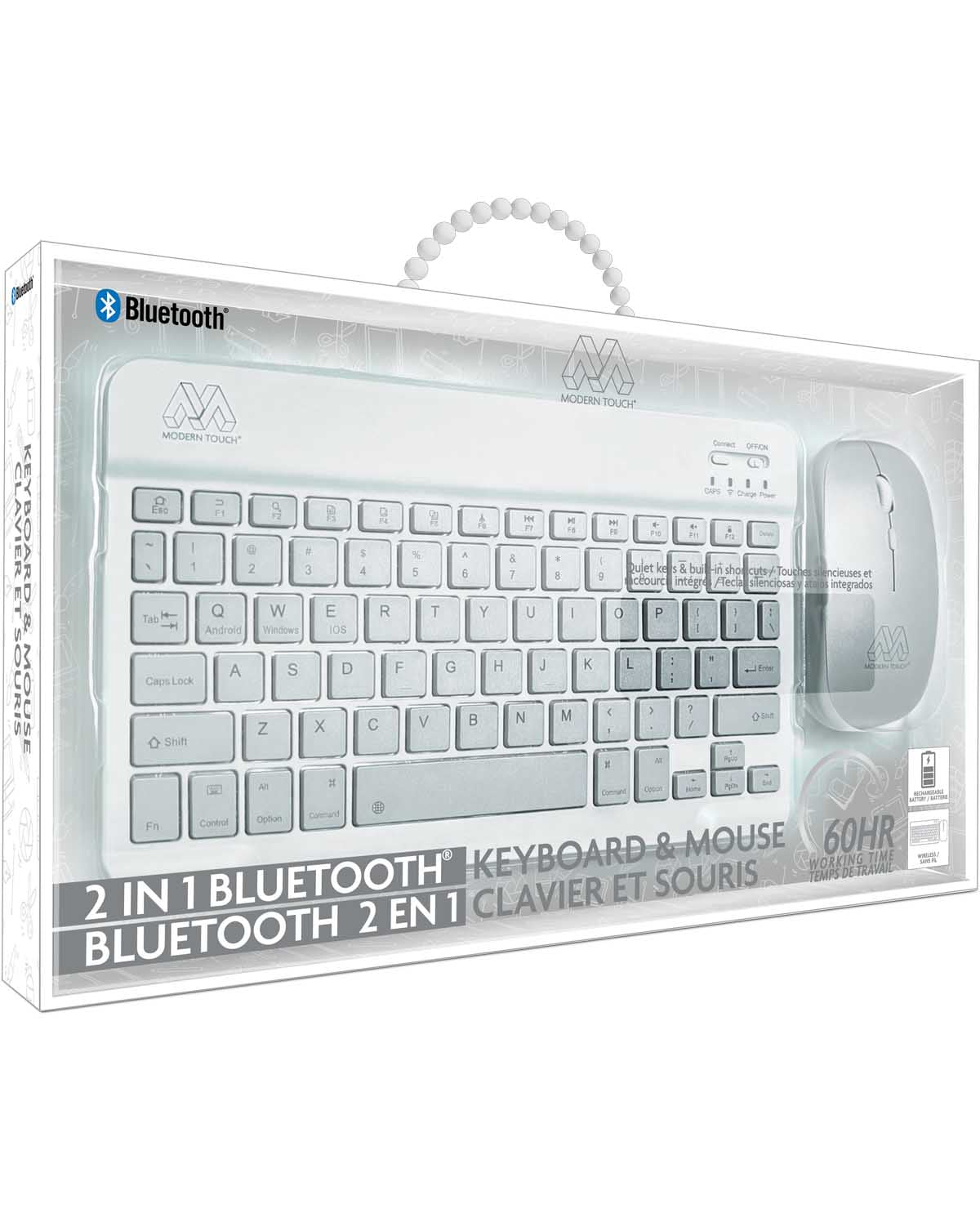 A 2-in-1 Bluetooth keyboard and mouse set in its retail packaging, featuring a white keyboard and matching mouse inside a clear plastic box with a white handle loop.
