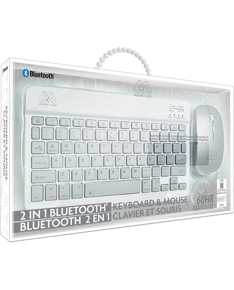 A 2-in-1 Bluetooth keyboard and mouse set in its retail packaging, featuring a white keyboard and matching mouse inside a clear plastic box with a white handle loop.