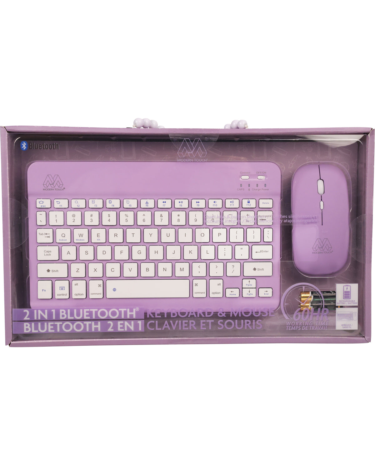 Purple keyboard and mouse set in packaging on a white background