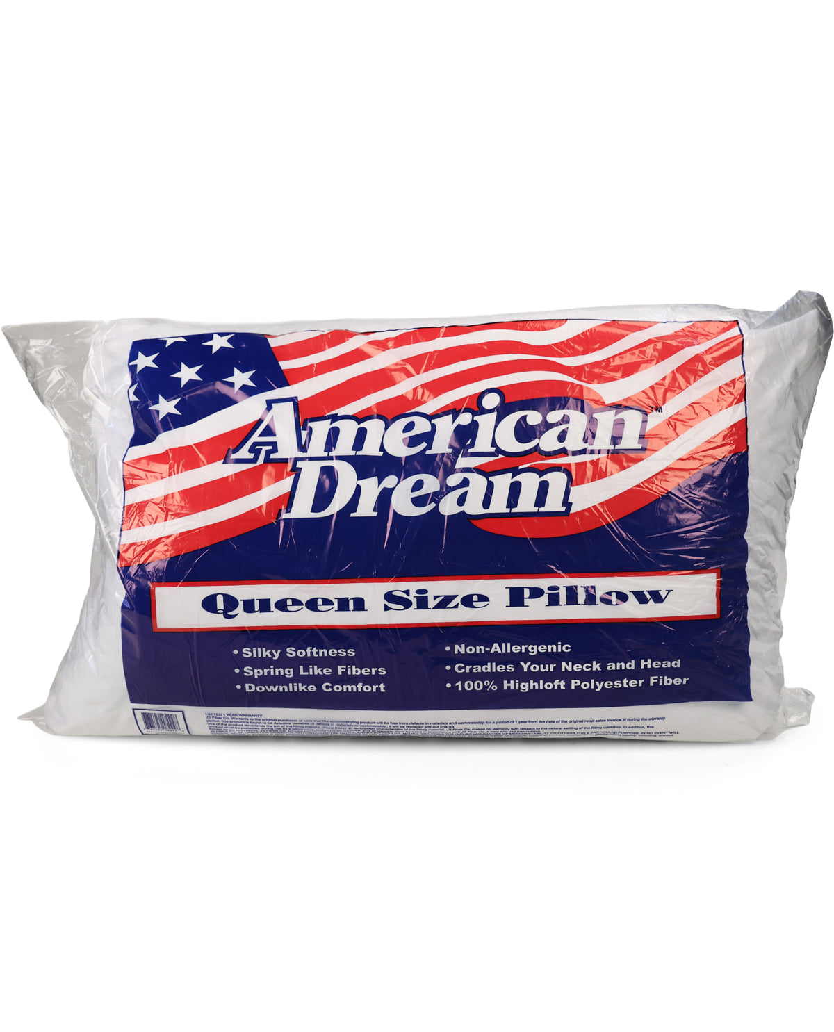 A packaged American Dream Queen Size Pillow in a clear plastic bag with a printed label featuring an American flag design and product text.