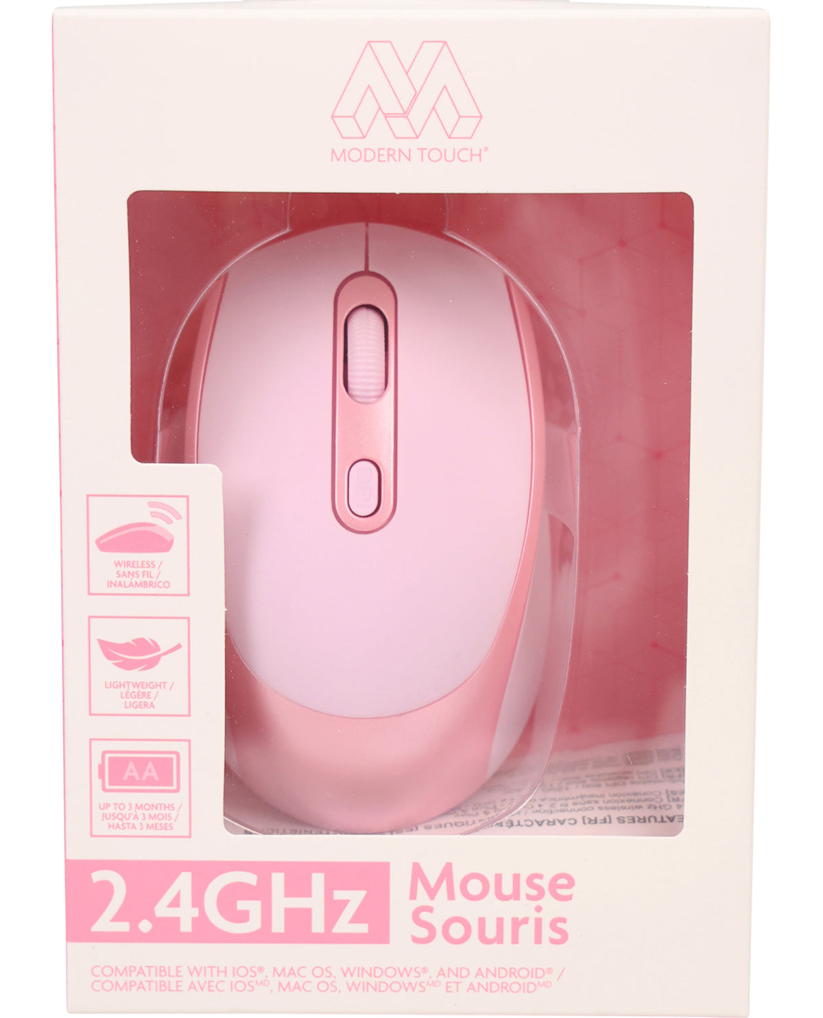 Pink computer mouse in packaging with 'Modern Touch' branding