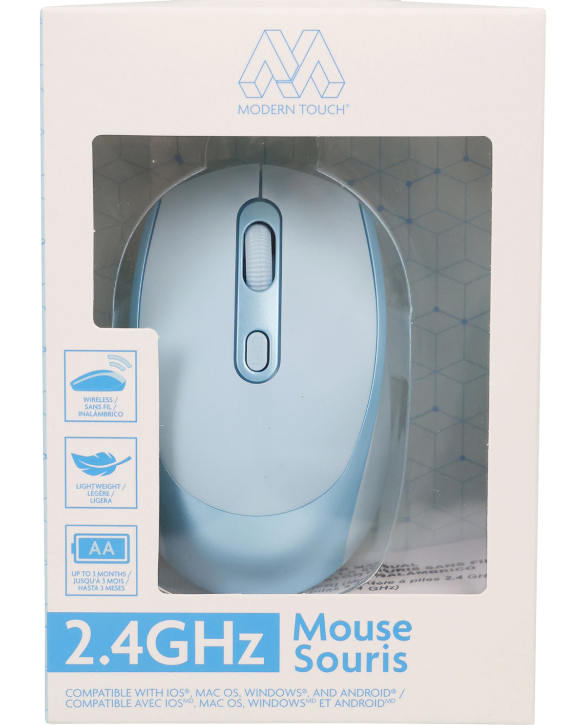 Blue computer mouse in a Modern Touch packaging box