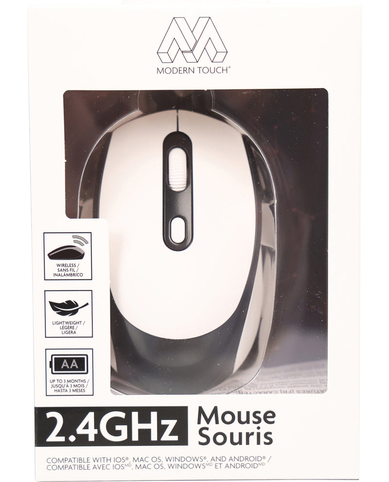 Packaging of a 2.4GHz mouse with 'Modern Touch' branding on a white background.