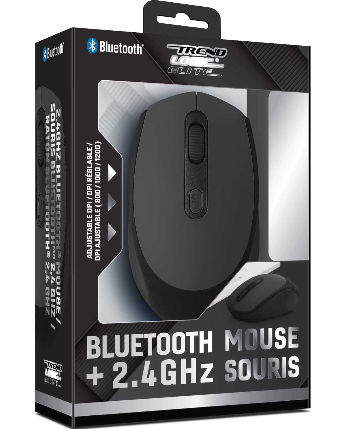 Trend Net Elite Bluetooth Mouse + 2.4GHz Souris in its retail packaging, featuring a black wireless mouse pictured on the box front.