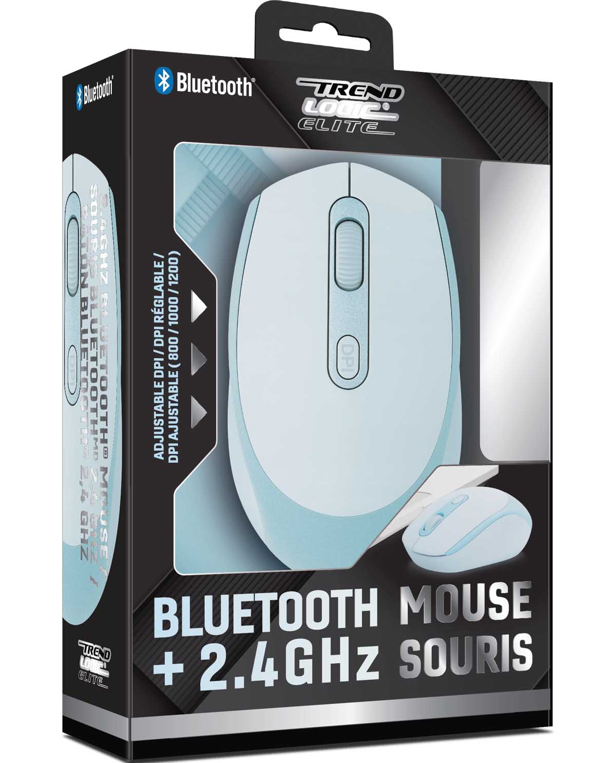 Trendnet Elite Bluetooth Mouse + 2.4GHz Souris in a light blue and white color scheme, shown in its retail packaging box.