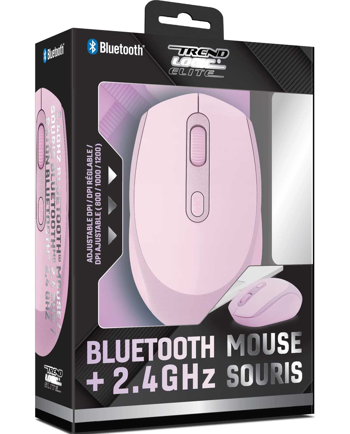 Trend Net Elite Bluetooth Mouse + 2.4GHz Souris in light pink, shown in its retail packaging box.