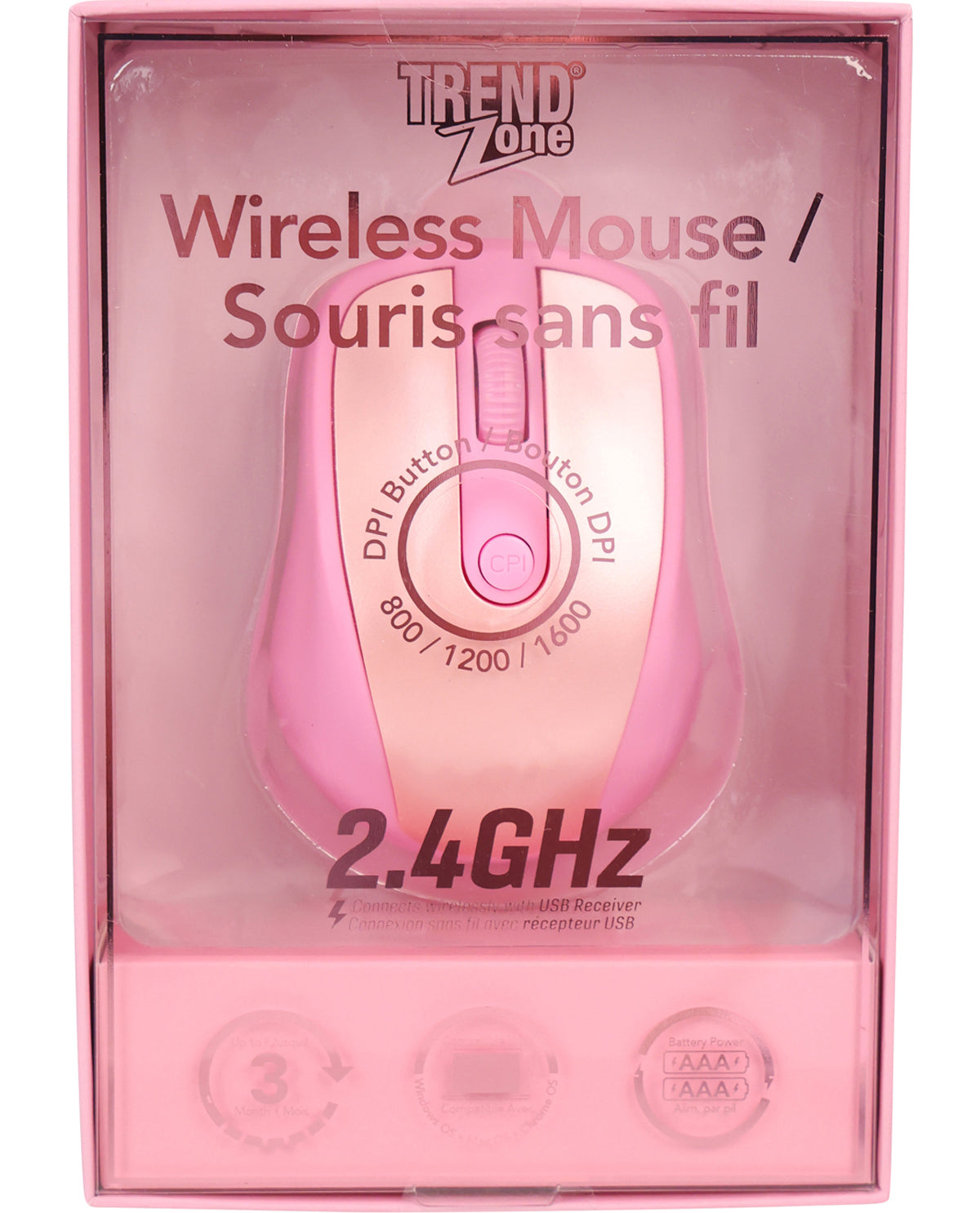 Pink wireless mouse in packaging with 'Trend Zone' branding