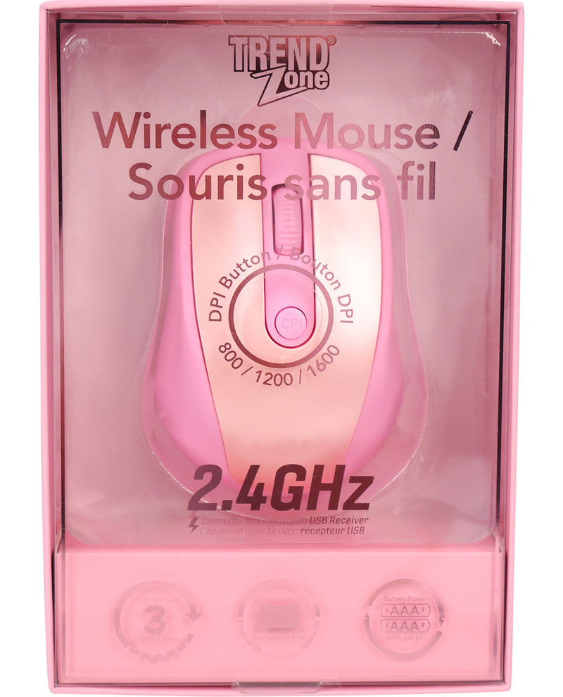 Pink wireless mouse in packaging with 'Trend Zone' branding