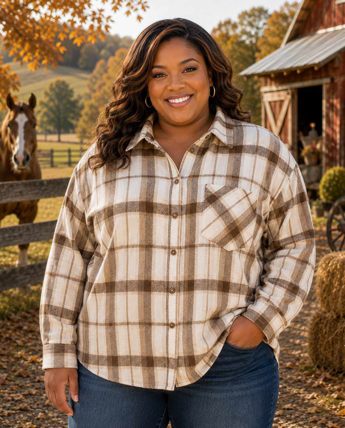 A smiling woman stands outdoors at a rustic barn wearing a long-sleeve plaid button-up shirt in beige, brown, and cream tones, paired with blue jeans. A horse is visible behind a wooden fence, and hay bales and autumn trees appear in the background.