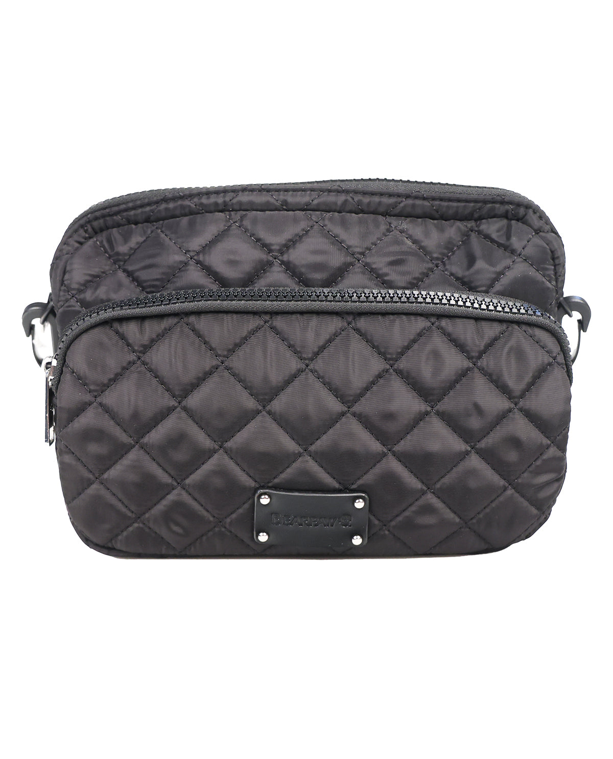 A black quilted nylon crossbody bag with a top zipper and a front zippered pocket, featuring a small rectangular brand plaque on the front.