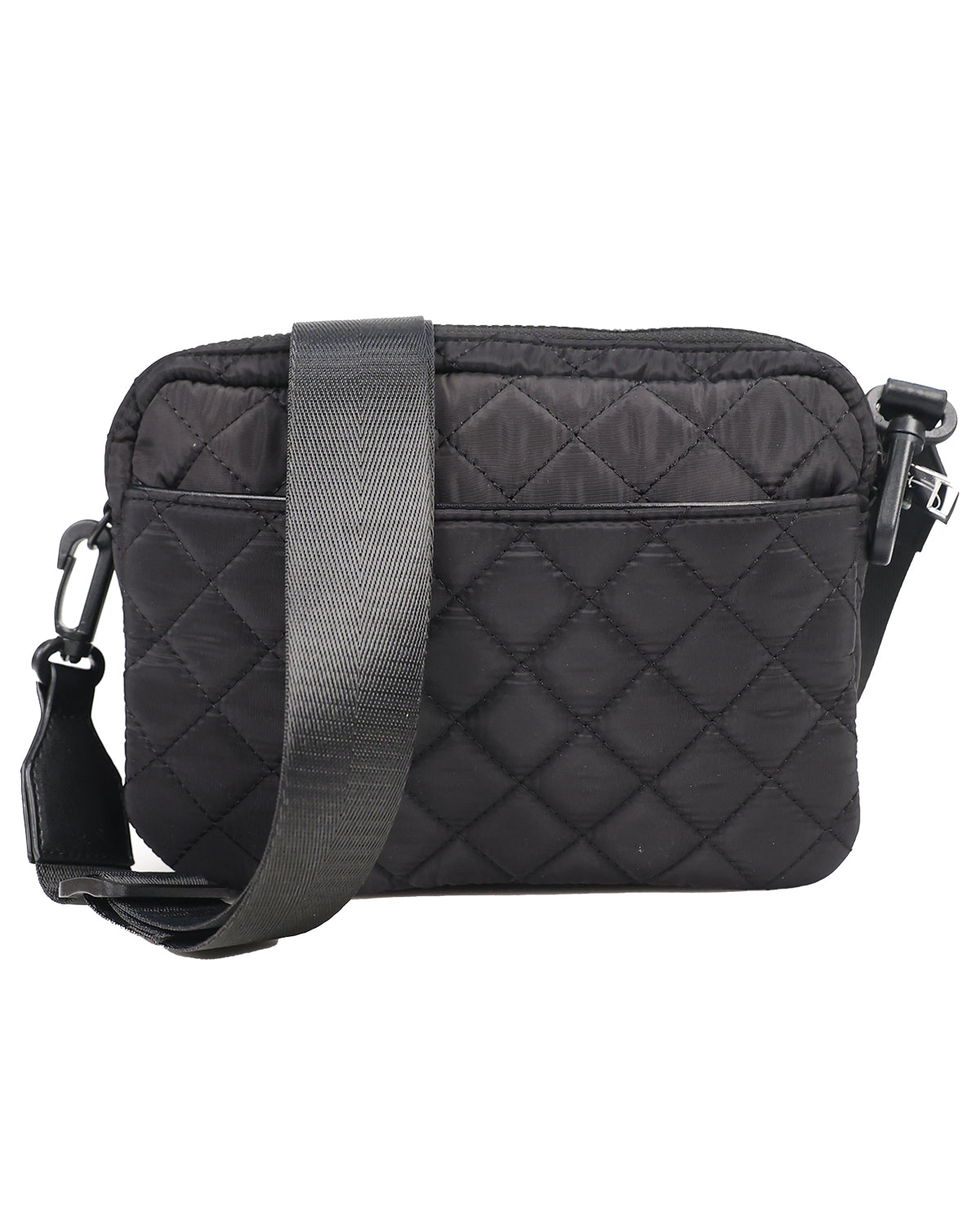 Black quilted crossbody bag on a white background