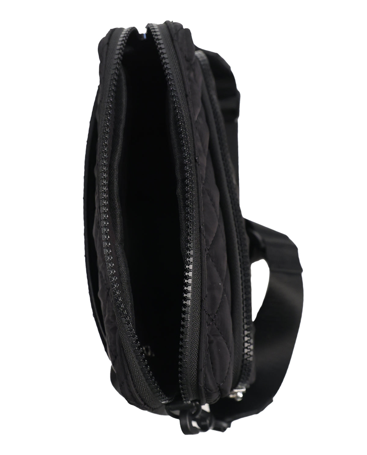 Black crossbody bag with a zipper on a white background