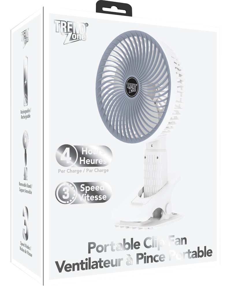 Packaging of a portable clip fan with branding and product details.