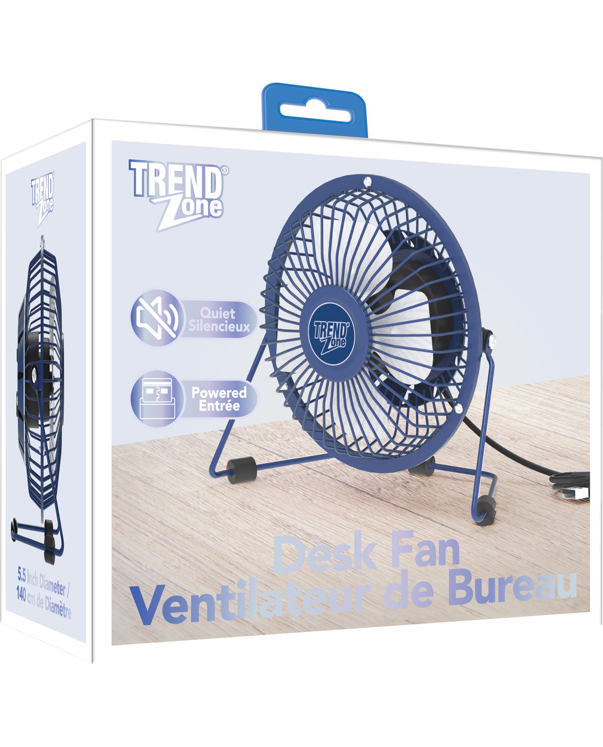 Desk fan packaging with 'Trend Zone' branding on a white background