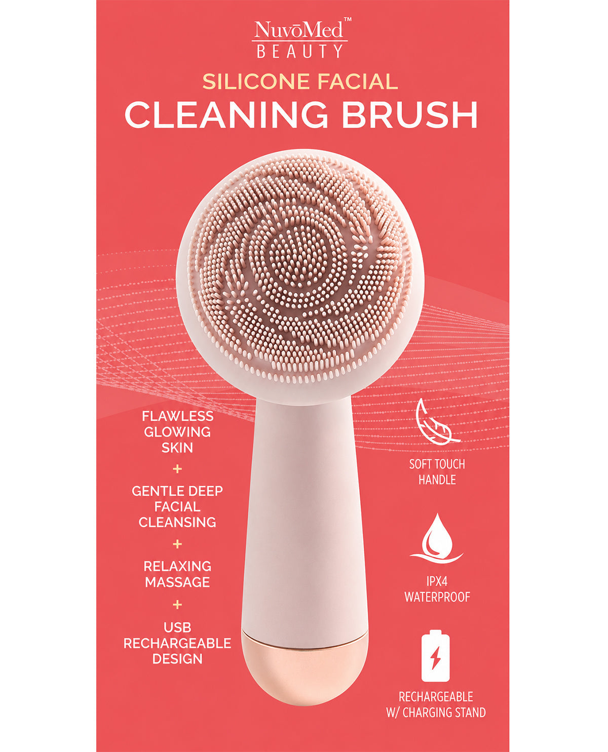 Silicone facial cleaning brush with NuvoMed Beauty branding on a red background