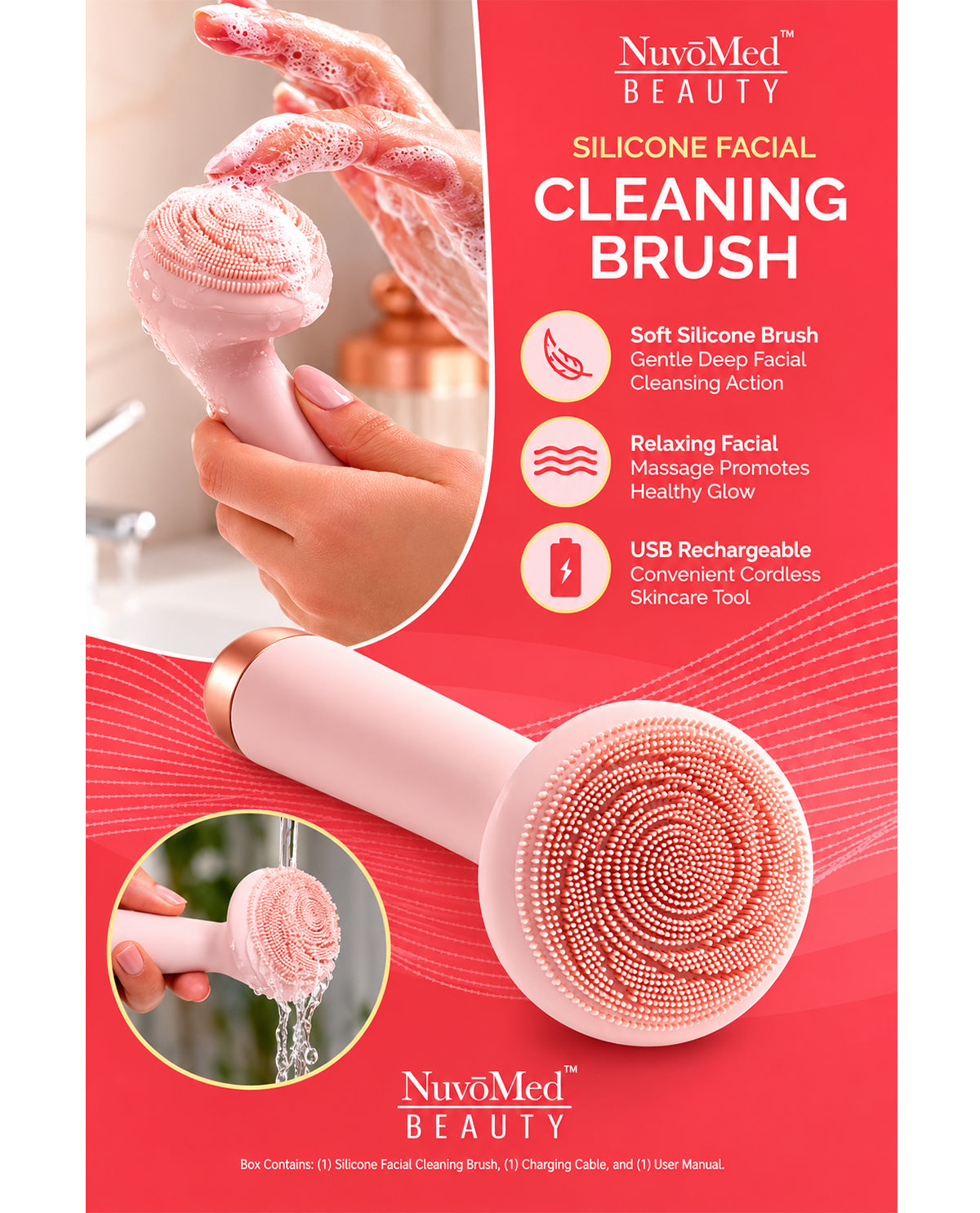 NuvoMed Beauty silicone facial cleaning brush with product packaging on a red background