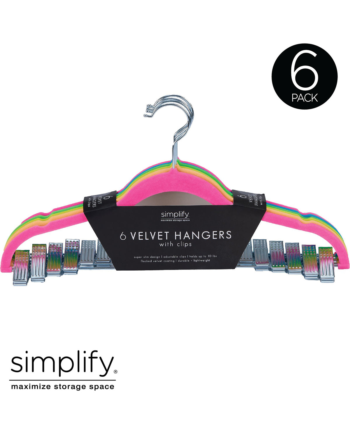 Pack of 6 pink velvet hangers with clips and 'simplify' branding on a white background.