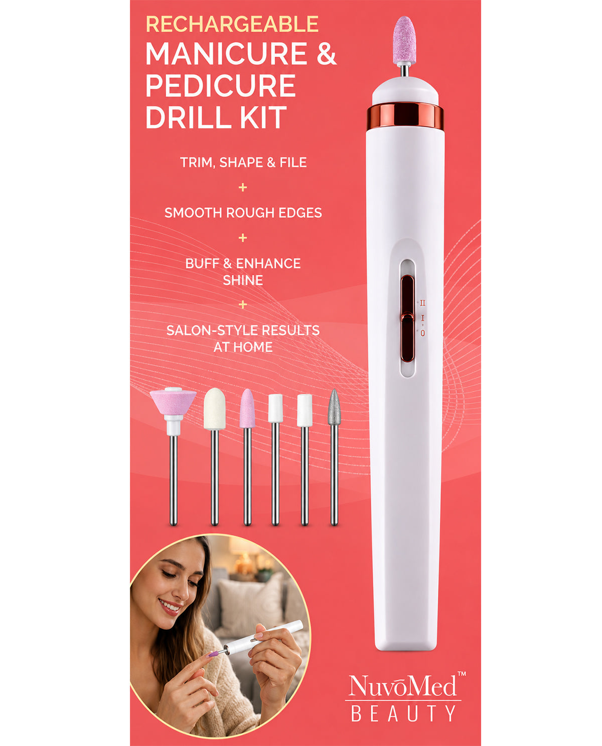NuvoMed Beauty rechargeable manicure and pedicure drill kit on a coral pink background. The main product is a white handheld electric nail care device with rose gold trim and a purple LED tip, shown alongside five interchangeable drill bits and marketing text.