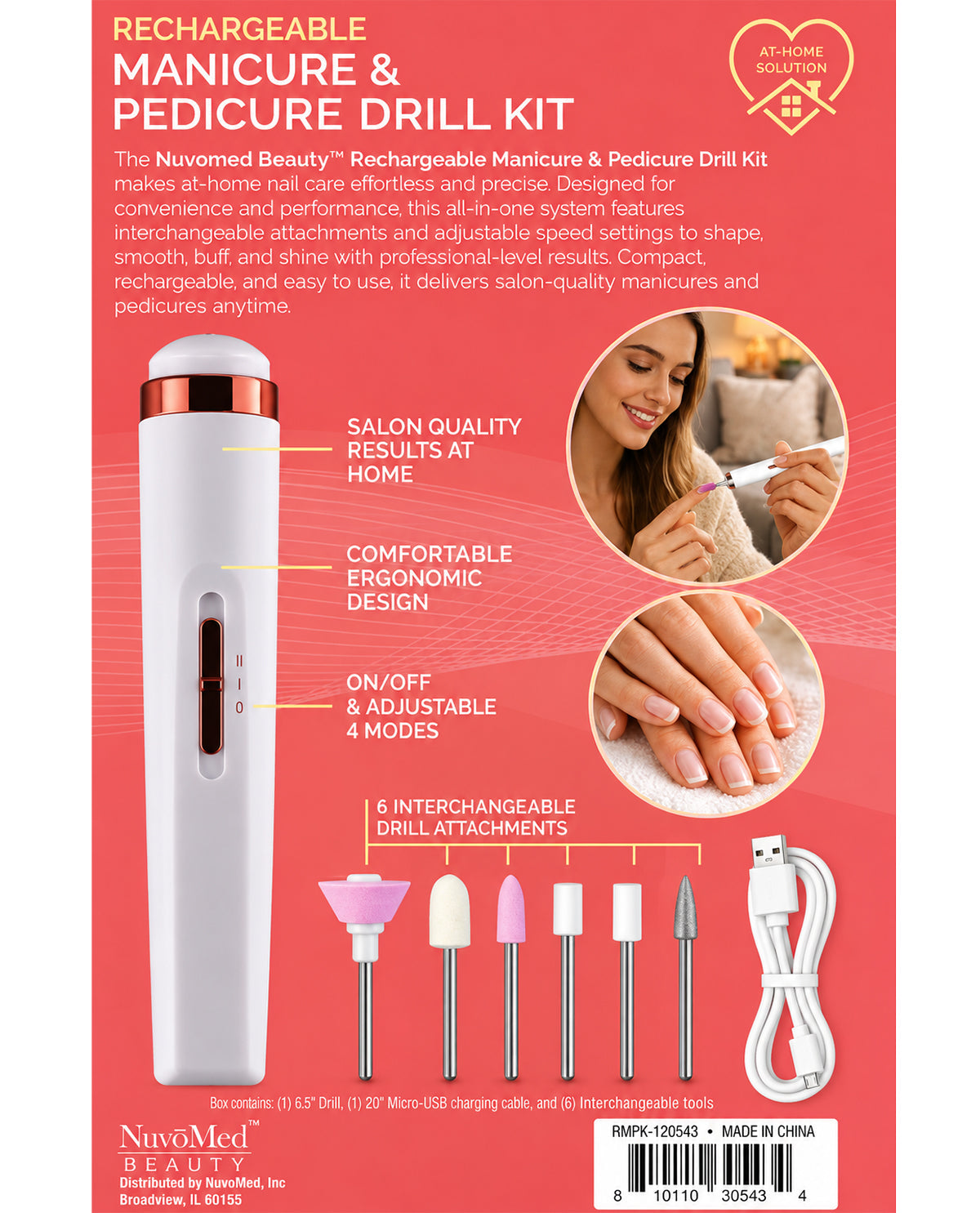 Nuvedom Beauty Rechargeable Manicure & Pedicure Drill Kit packaging with product and features on a pink background