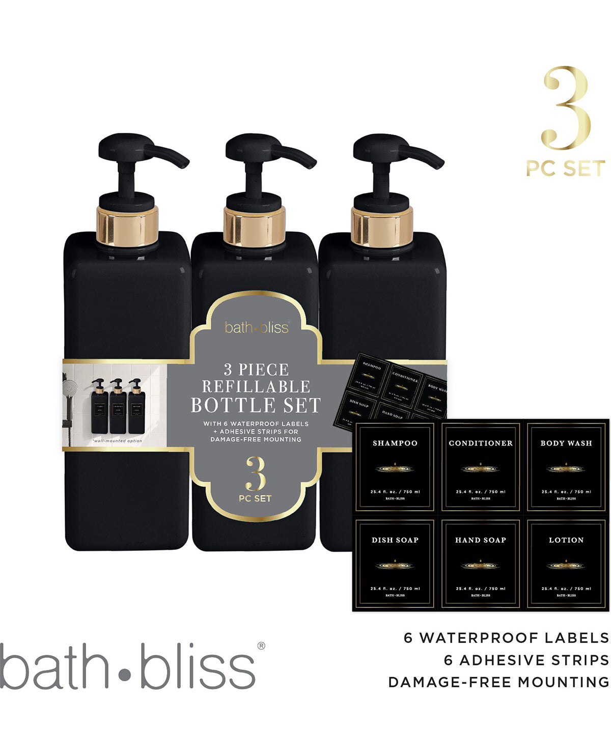 Black & Gold 3 Piece Reusable Soap Bottles