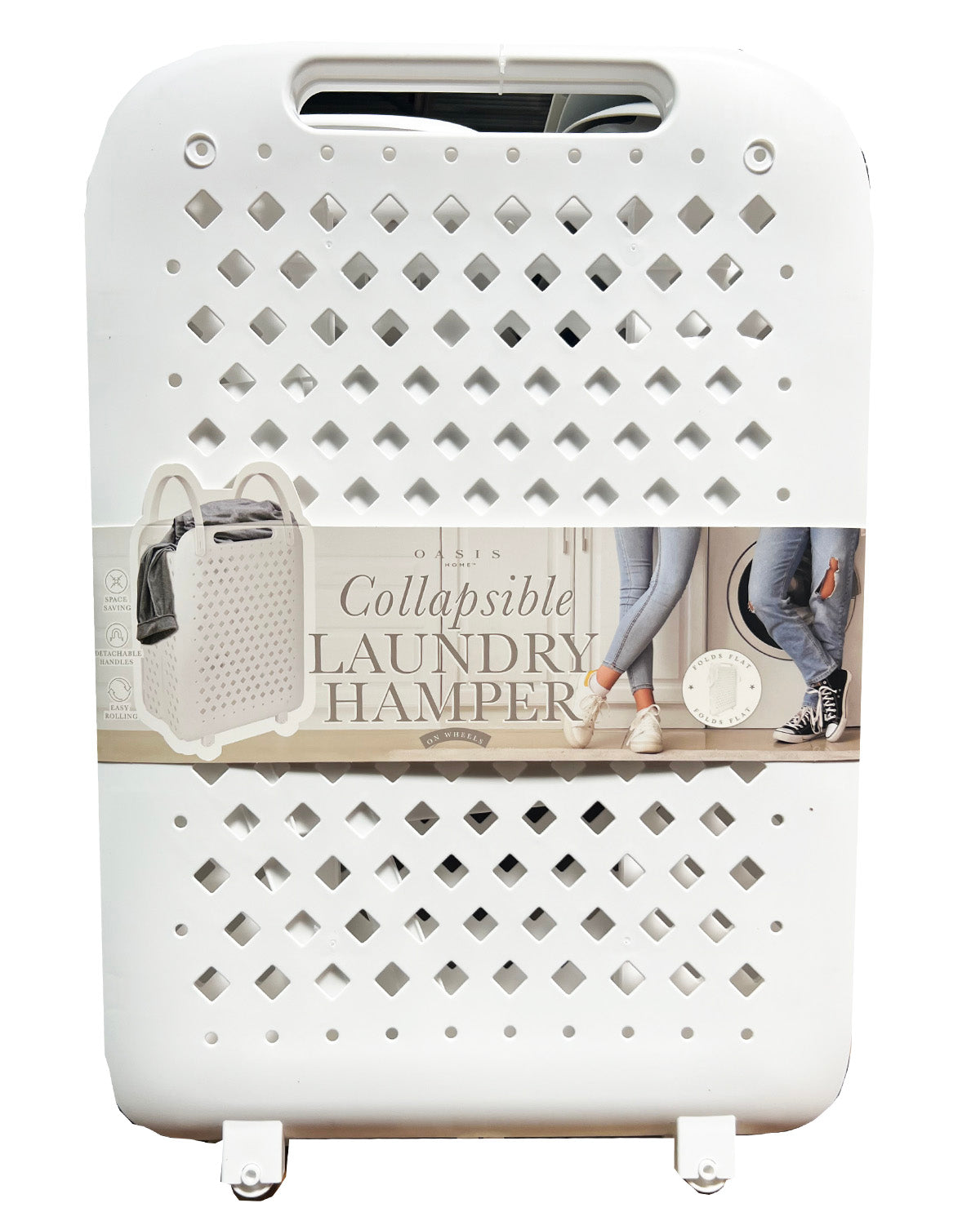 A white collapsible laundry hamper with a perforated diamond-pattern front and a carry handle, shown on a plain white background with a product band around the middle.