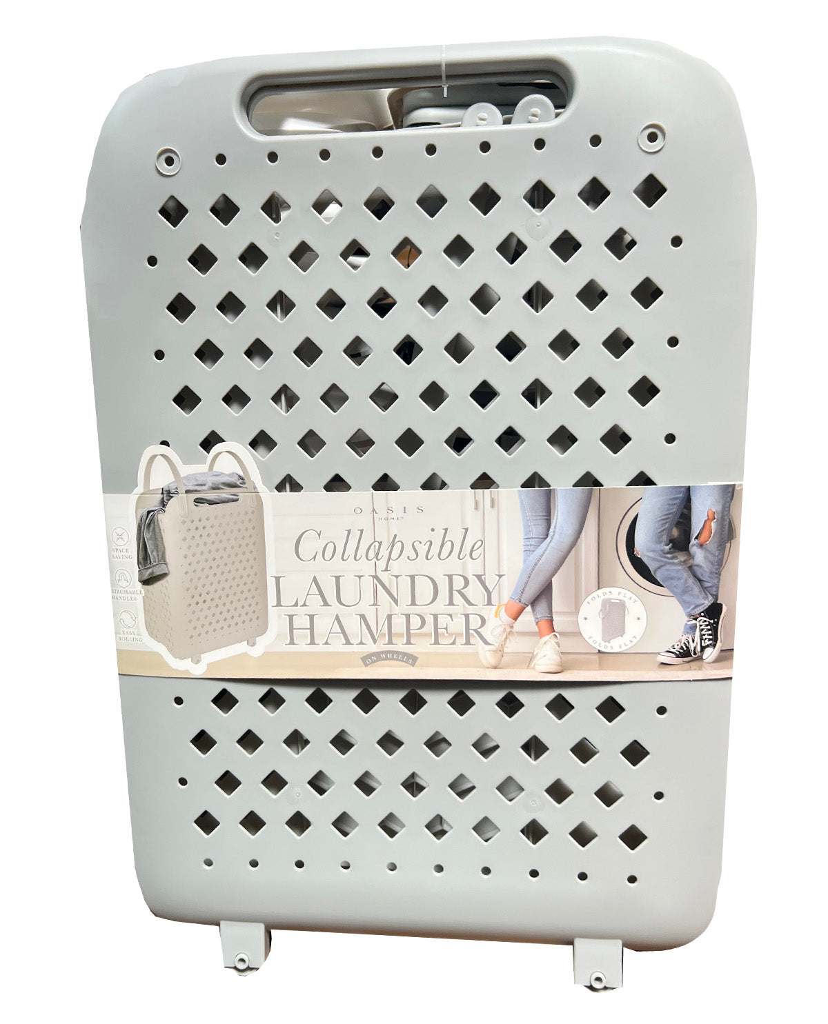 A light gray collapsible laundry hamper with a diamond-pattern vent, shown on a white background with a product label wrapped around the middle.