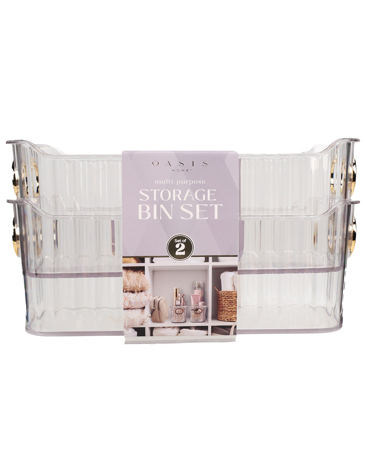 Oasis Home multi-purpose storage bin set, size 2, featuring clear plastic bins with a lavender paper label in the center.