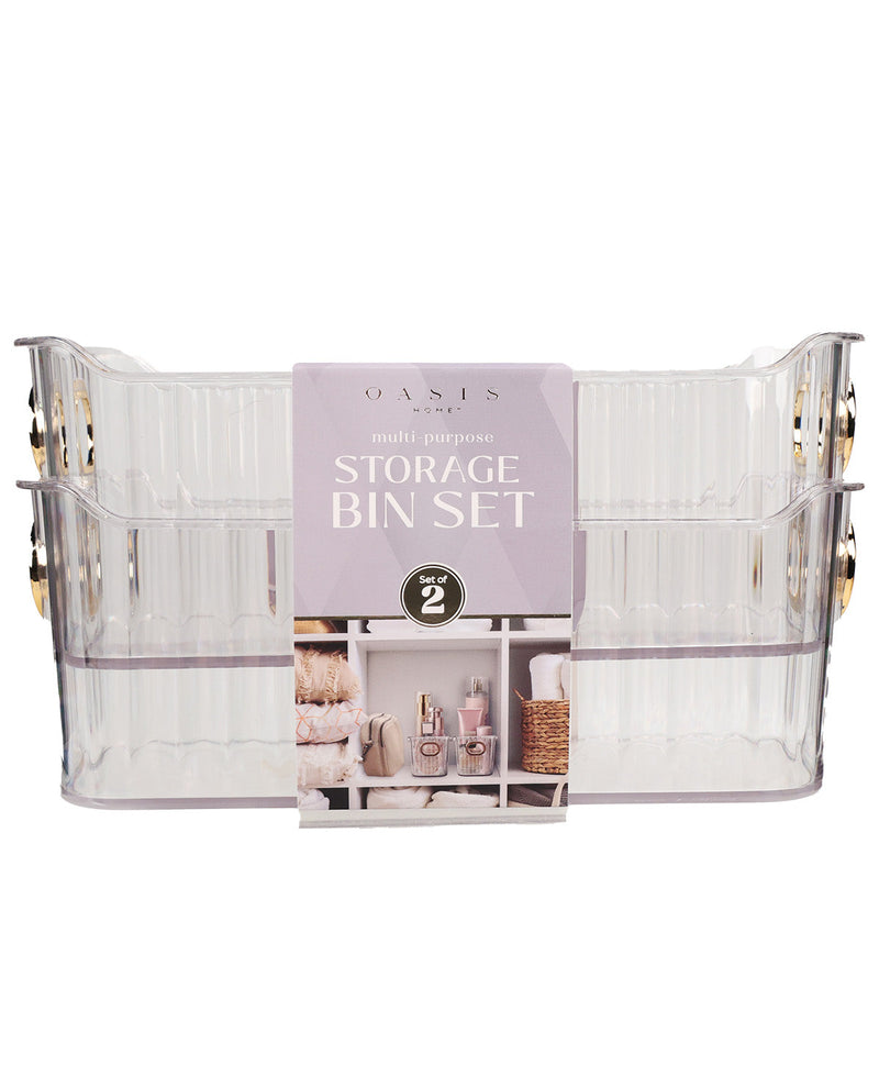 Oasis Home multi-purpose storage bin set, size 2, featuring clear plastic bins with a lavender paper label in the center.