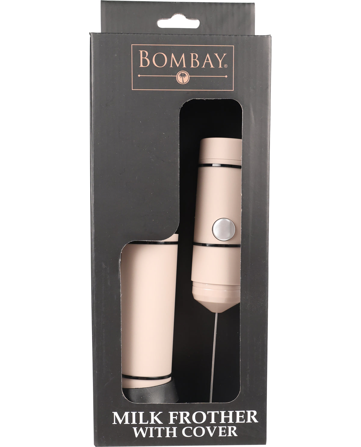Rose gold milk frother with cover in Bombay packaging on a white background