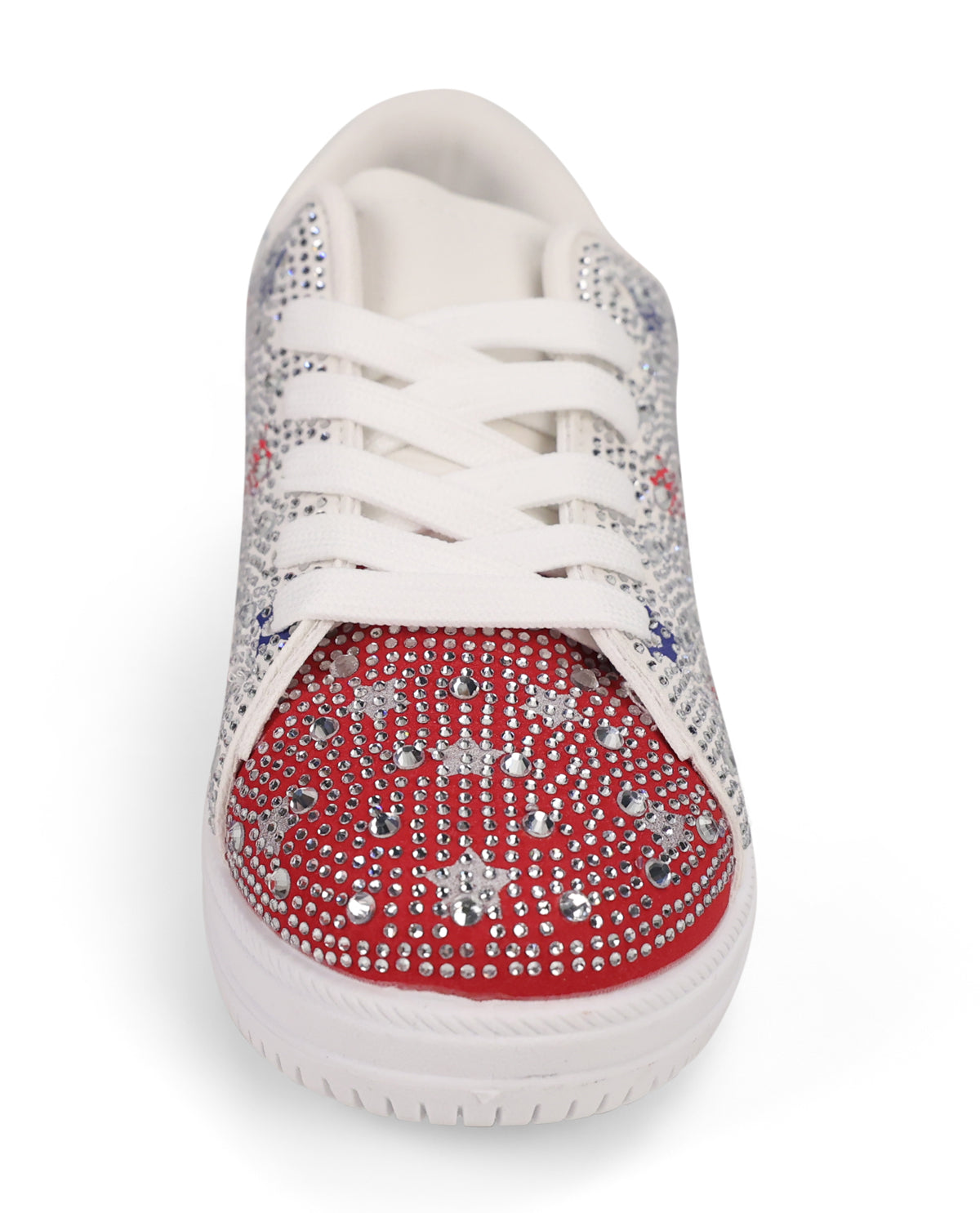 A low-top sneaker featuring a vibrant red toe cap covered in silver rhinestones, with white laces and a white sole, embellished with silver and blue rhinestones on the side panels.