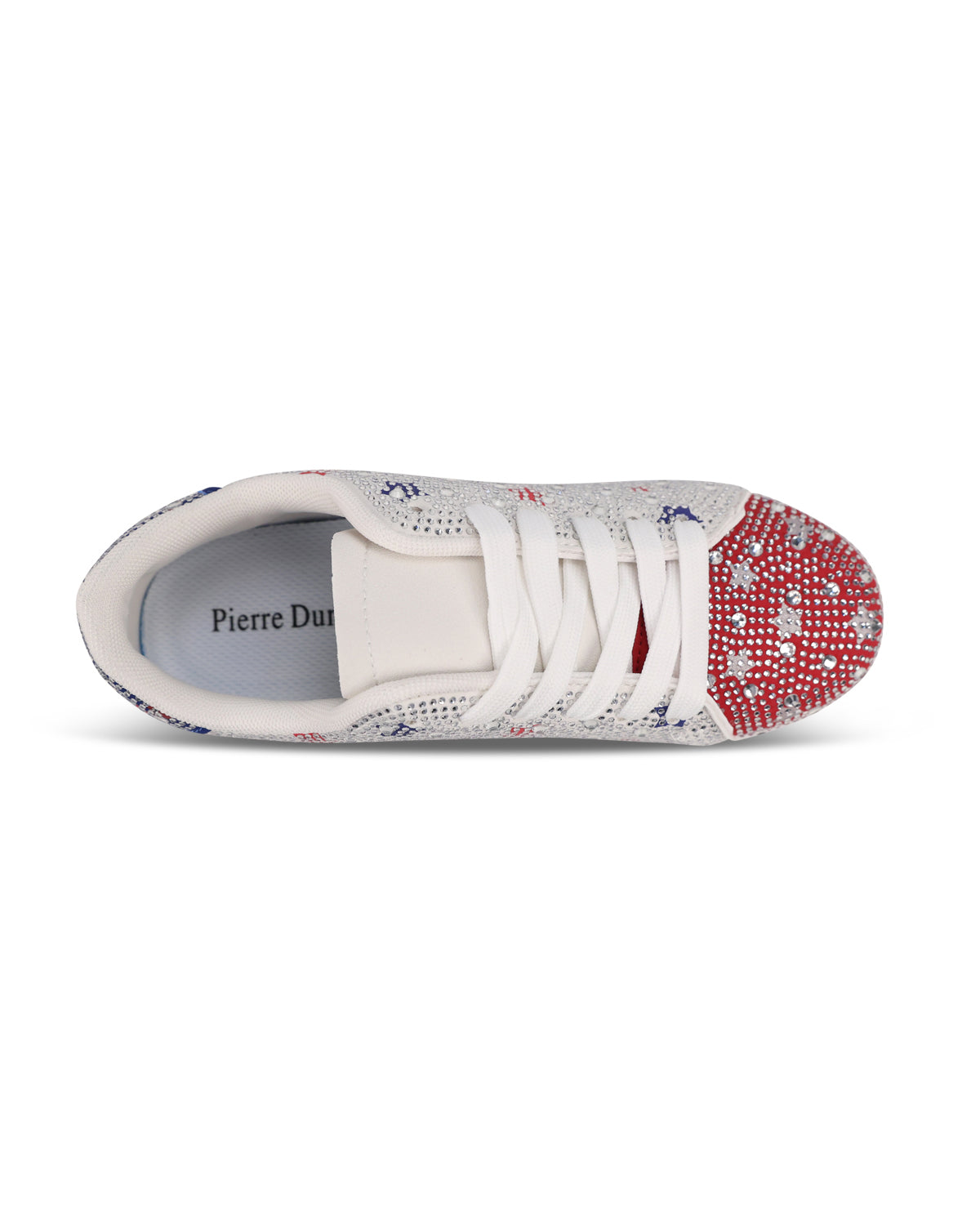 A low-top sneaker shown from a top-down view, featuring a white knit upper with blue and red floral patterns, white laces, and a red rubber toe cap embellished with silver rhinestones. The brand name 'Pierre Dumas' is visible on the inner sole.