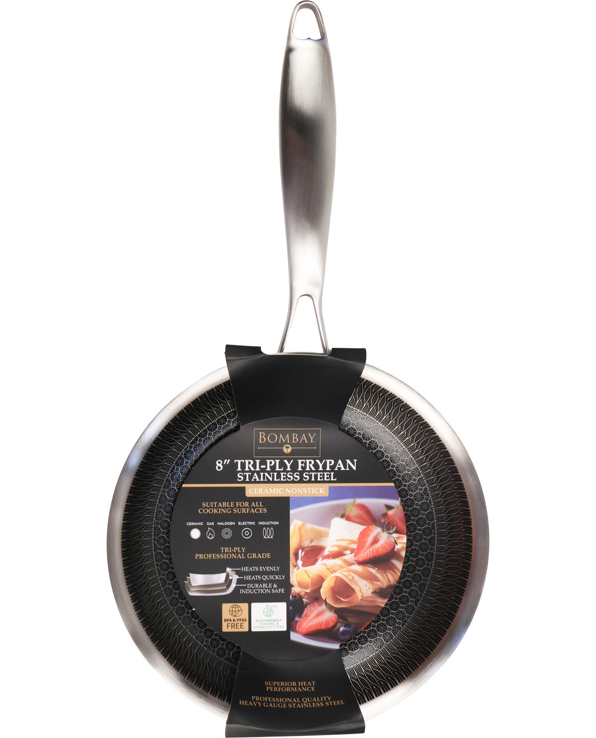 8-inch tri-ply frypan with packaging on a white background