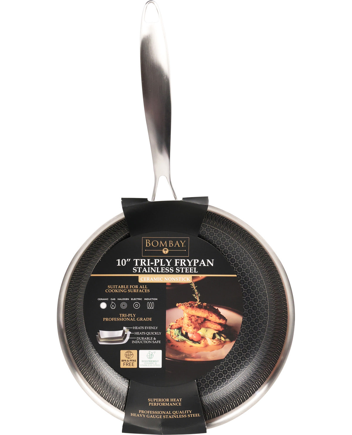Triply ply frypan with packaging on a white background