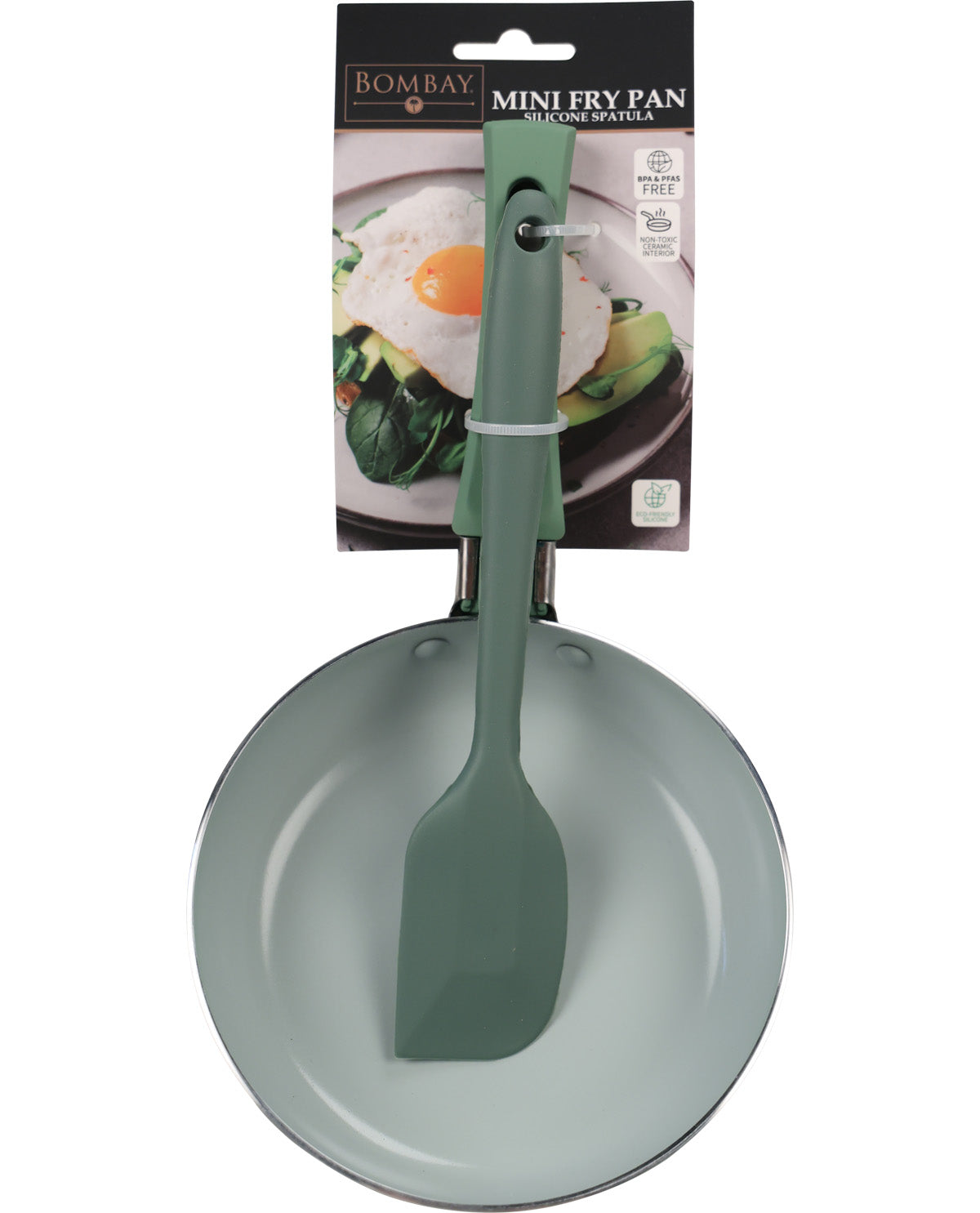 Bombay brand mini fry pan in sage green with a matching silicone spatula, shown in its original retail packaging against a white background.