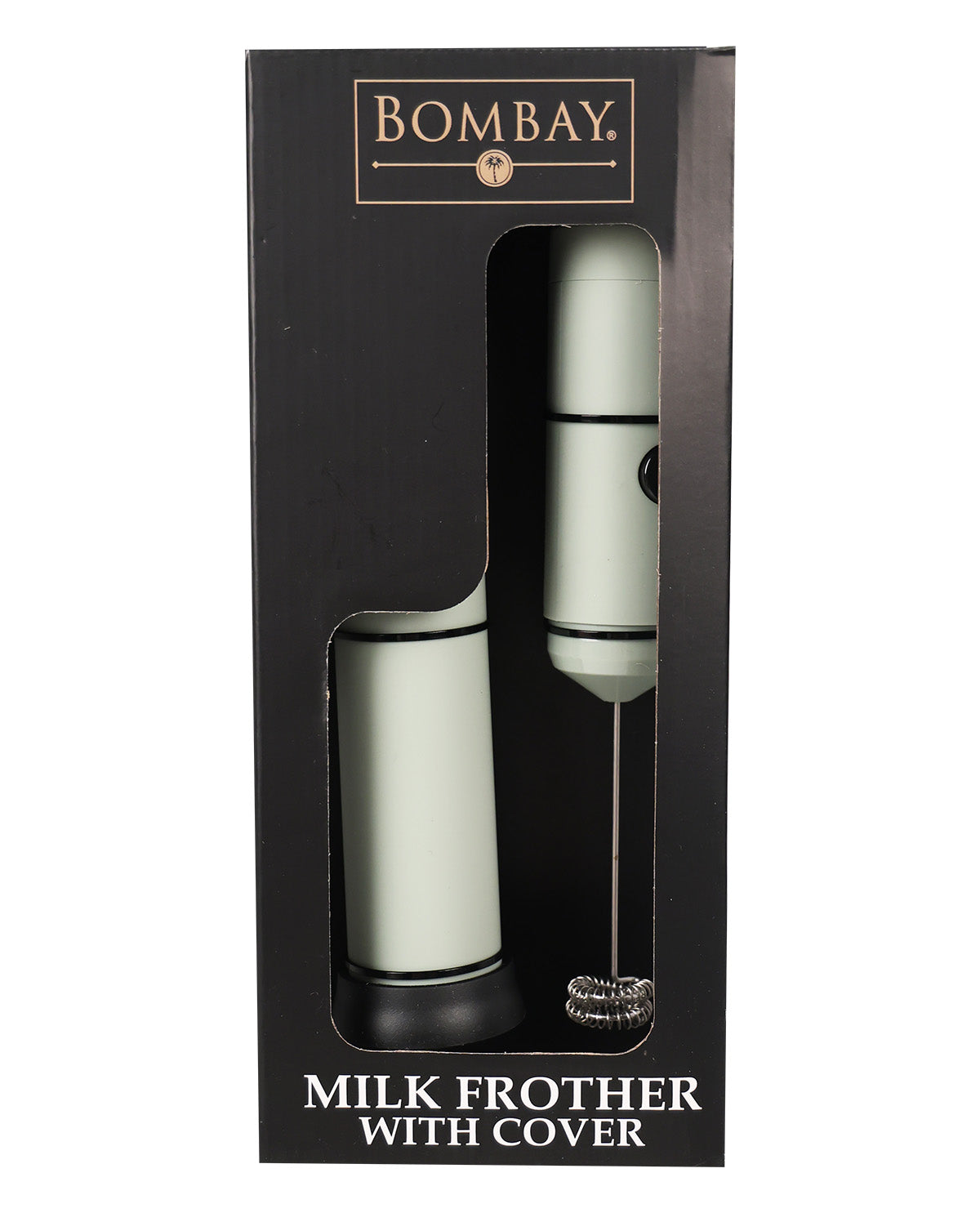 Bombay Milk Frother with Cover in its original black retail packaging, featuring a light sage green frother and matching cover with a silver whisk attachment visible through the window.