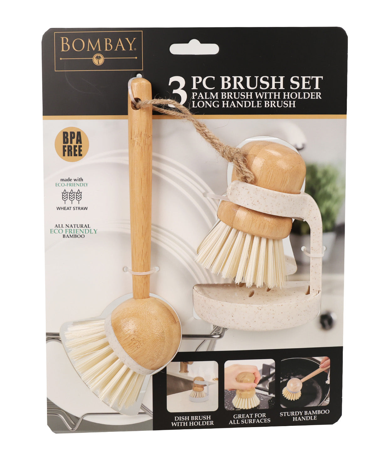 Bombay 3-piece bamboo cleaning brush set in its original retail packaging, featuring a long-handled brush, a medium-handled palm brush, and a small handle brush with natural bamboo handles and off-white bristles.