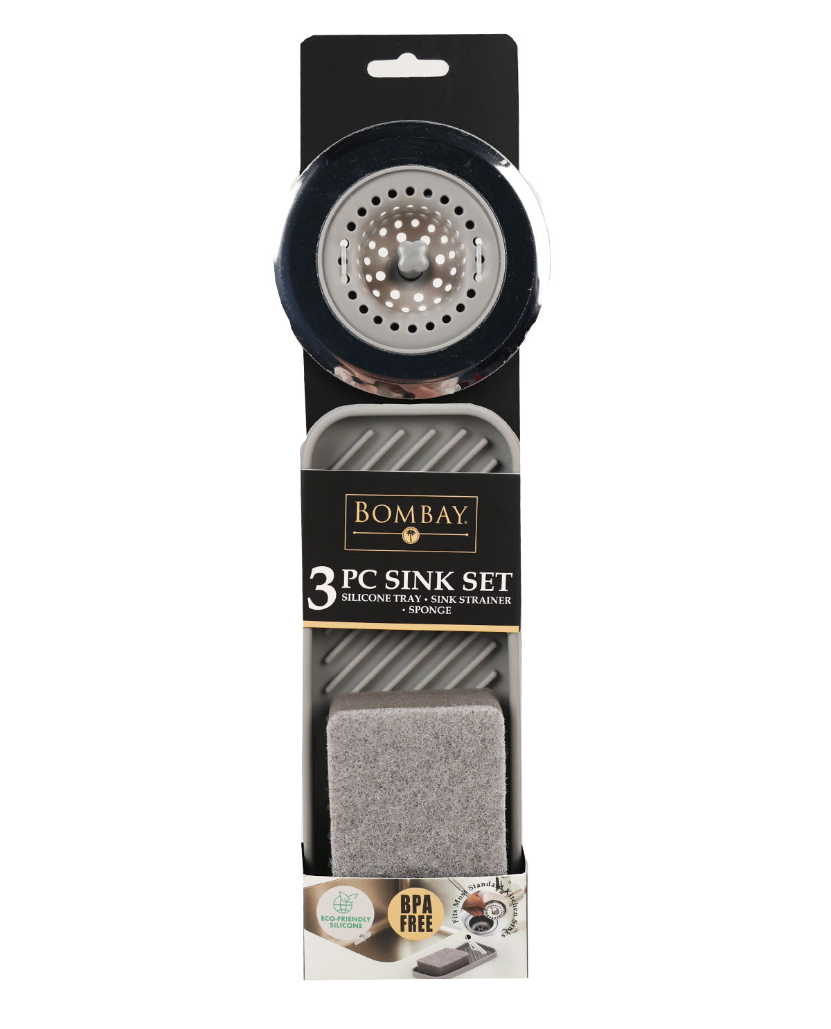 Bombay 3-piece sink set in its retail packaging, featuring a black and silver strainer basket, a gray sink mat, and a gray sponge block.