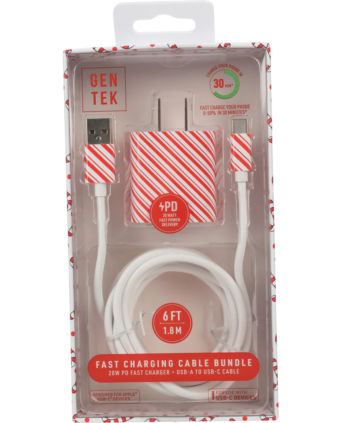 Gentek 20W Dual PD Charger 6ft USB-A/C in Candy Cane