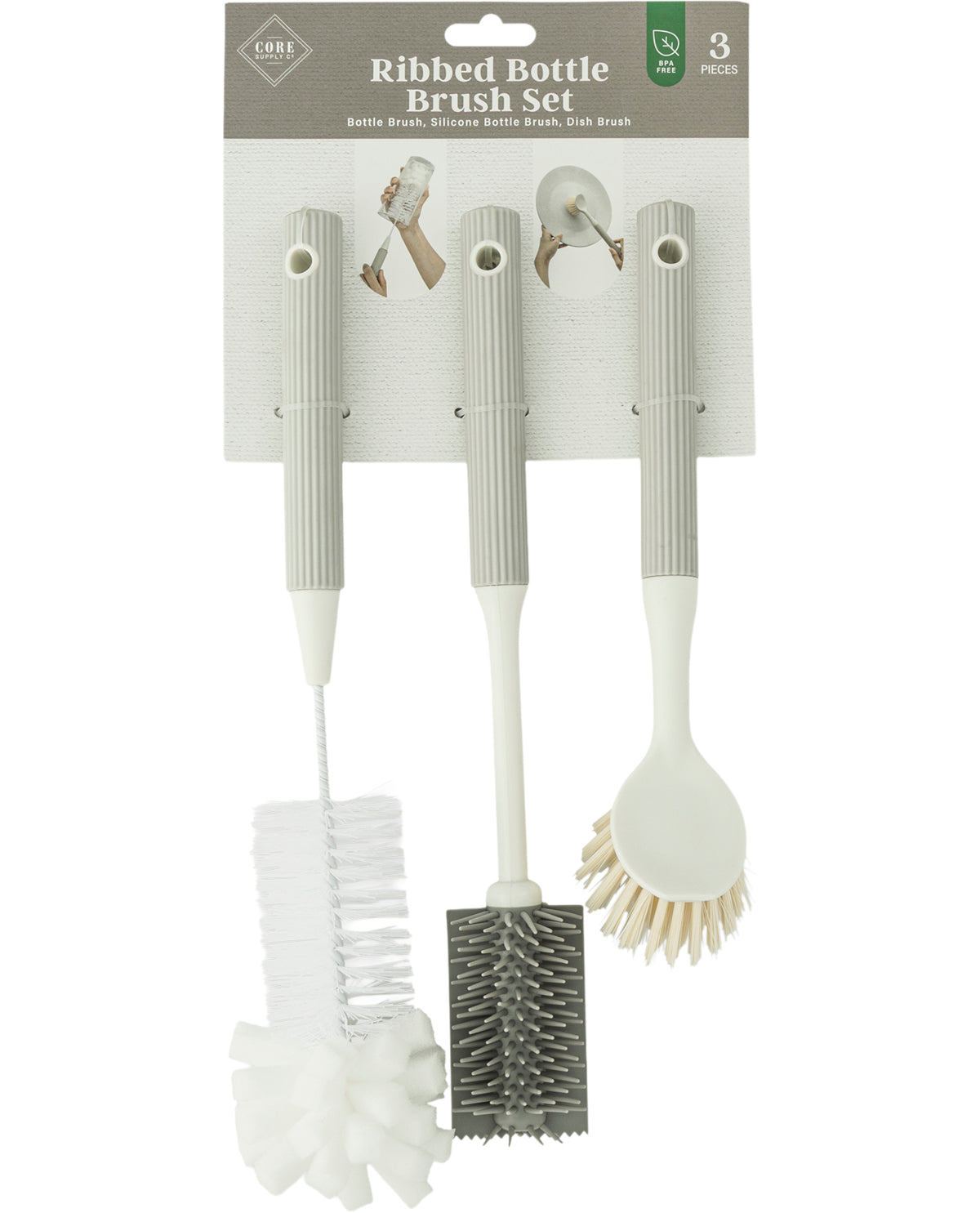 3 Piece Ribbed Bottle Brush Set - Grey
