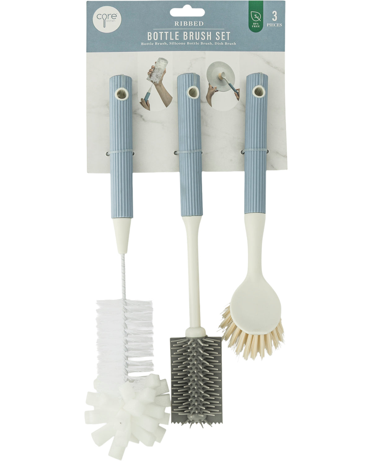 3 Piece Ribbed Bottle Brush Set - Blue