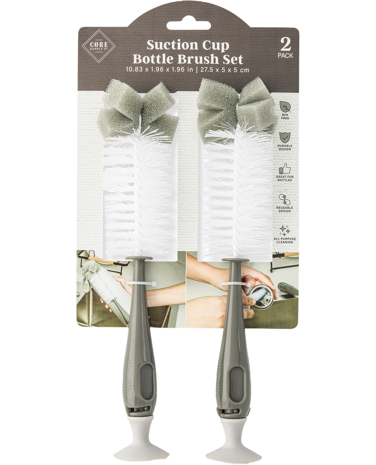 2 Piece Suction Cup Bottle Brush Set - Grey