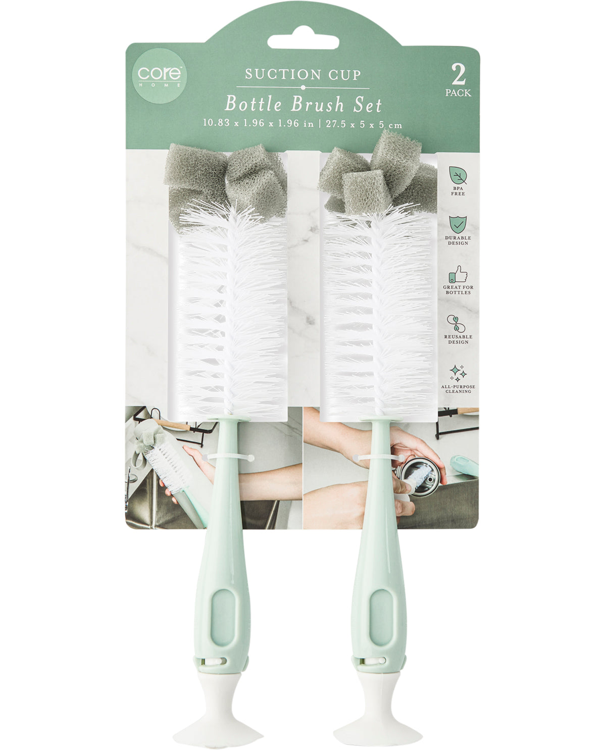 2 Piece Suction Cup Bottle Brush Set - Mint