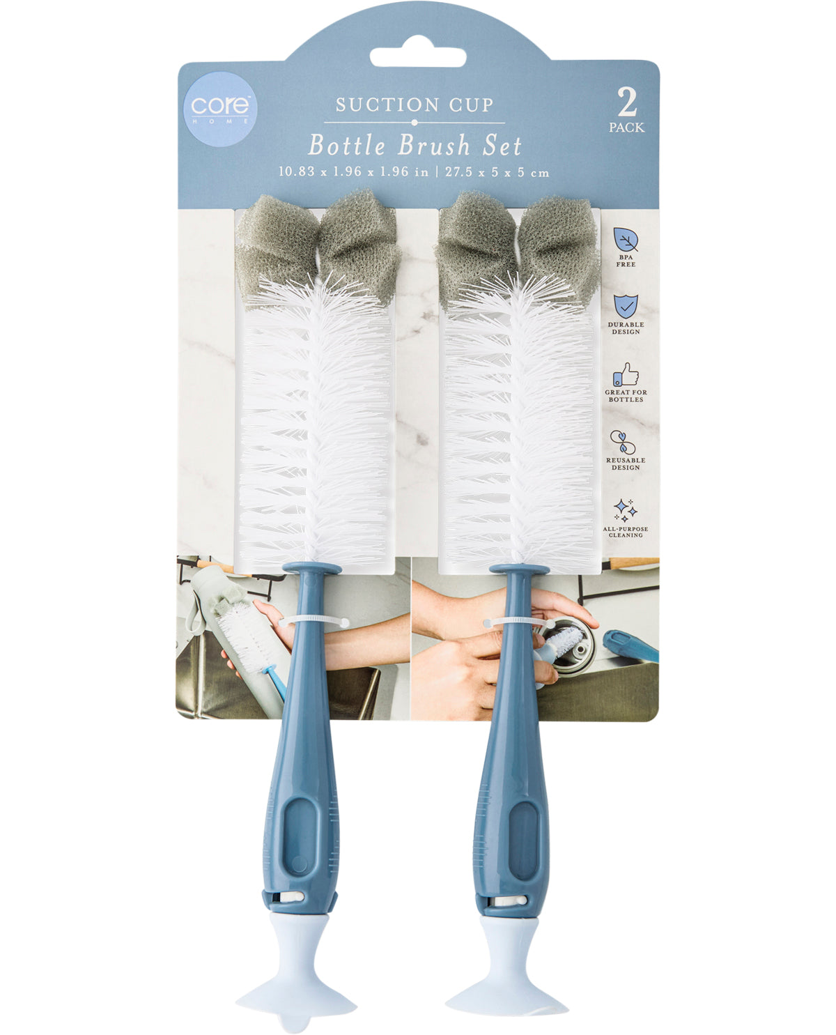2 Piece Suction Cup Bottle Brush Set - Blue