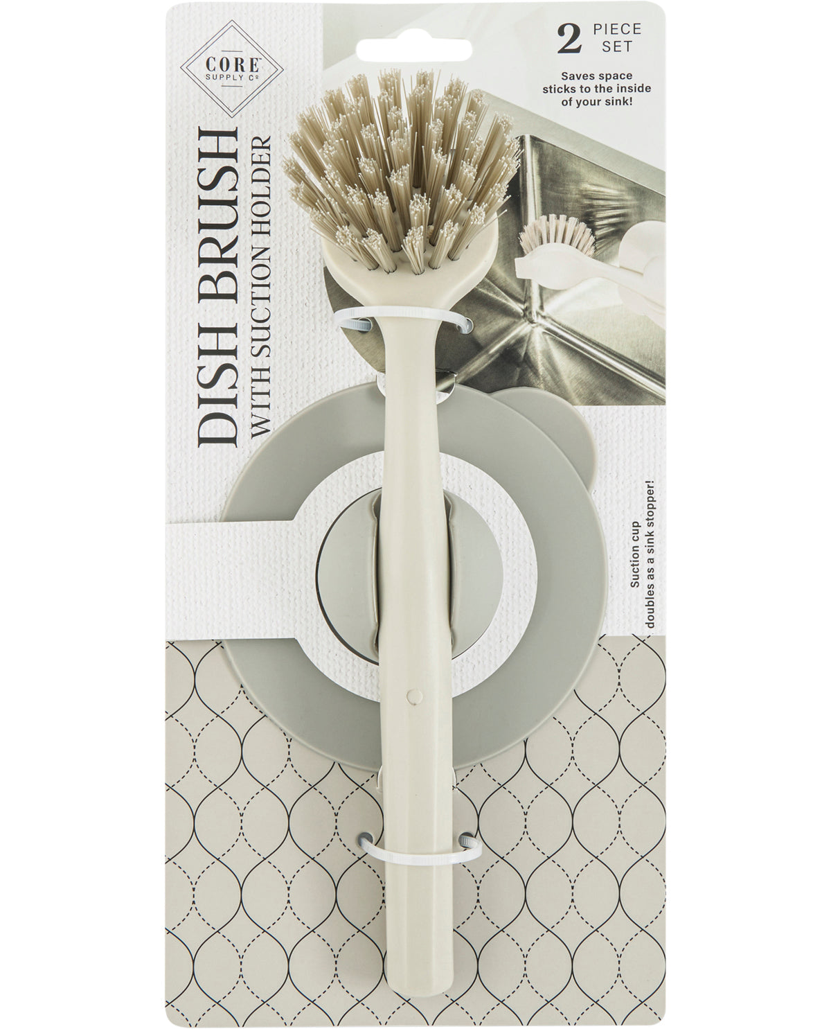 2 Piece Dish Brush With Suction Cup Holder - White