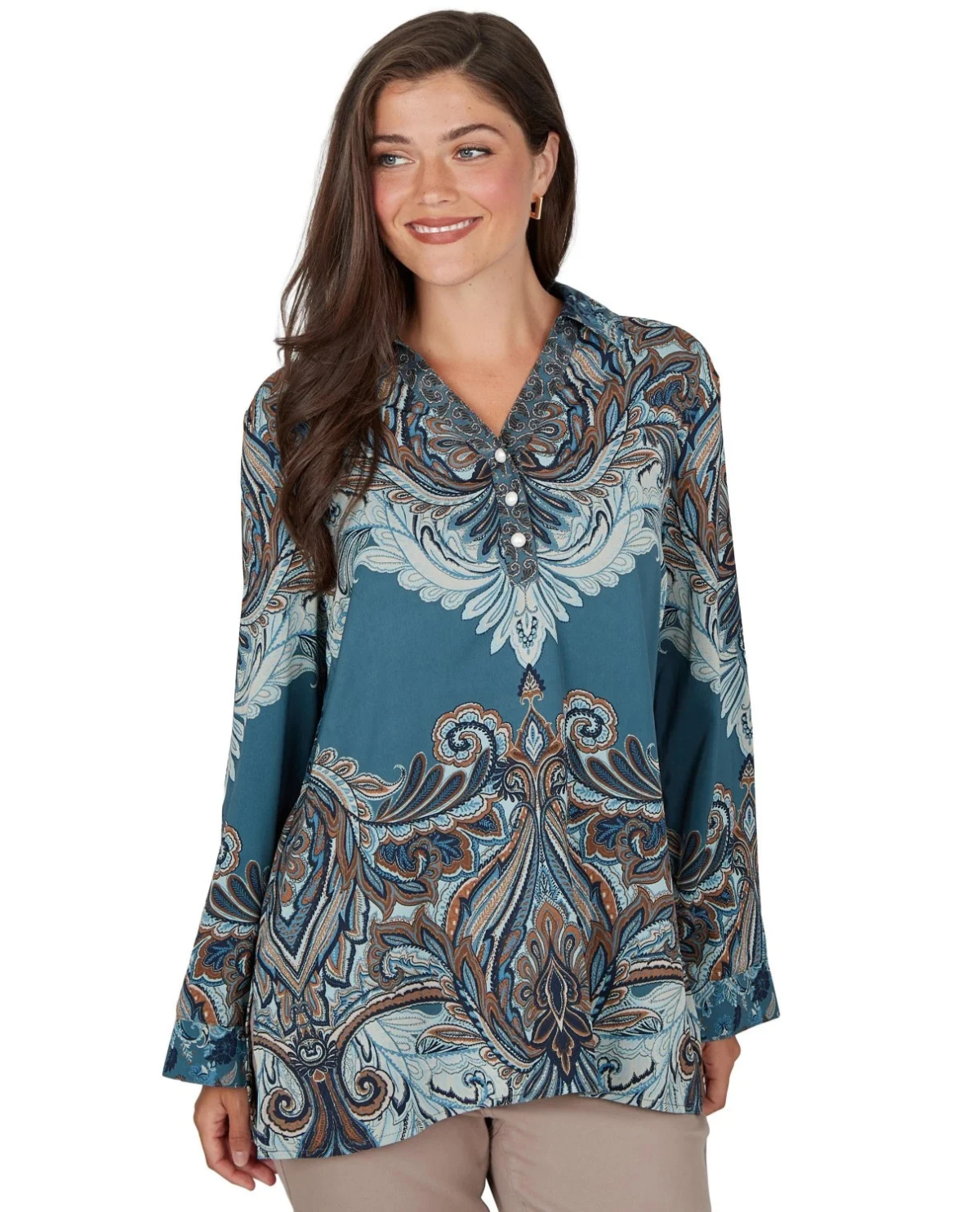 Ruby Road Mythical Long Sleeve Half Placket Print Top Dark Sky Blue