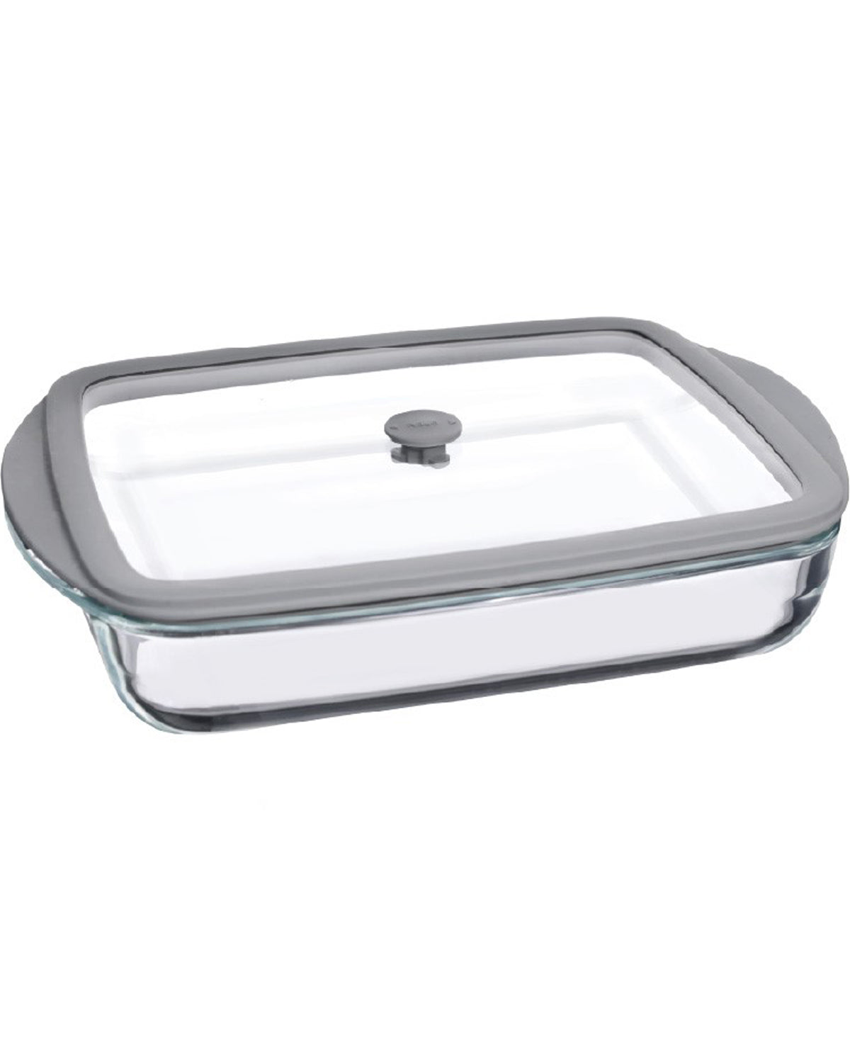 A rectangular glass baking dish with a clear glass lid and a gray silicone rim, shown on a plain white background.