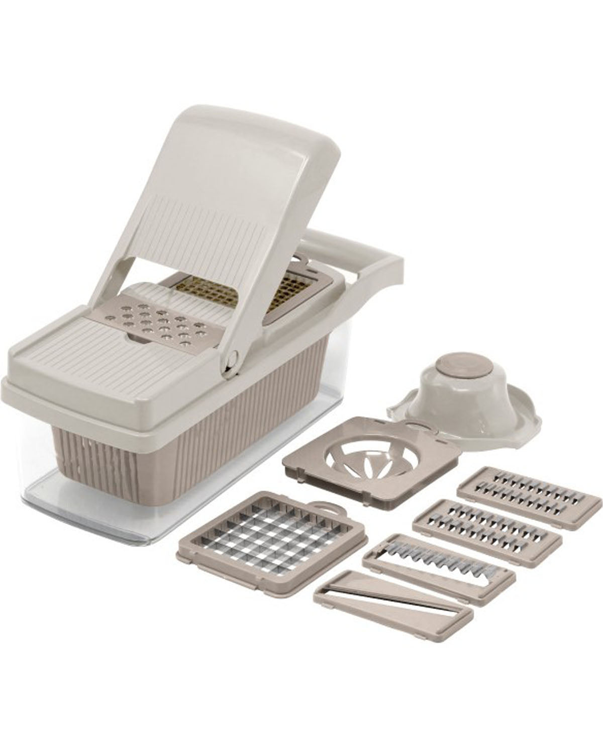 A beige plastic multi-function vegetable chopper and slicer set with multiple interchangeable blades and accessories, displayed on a clean white background.