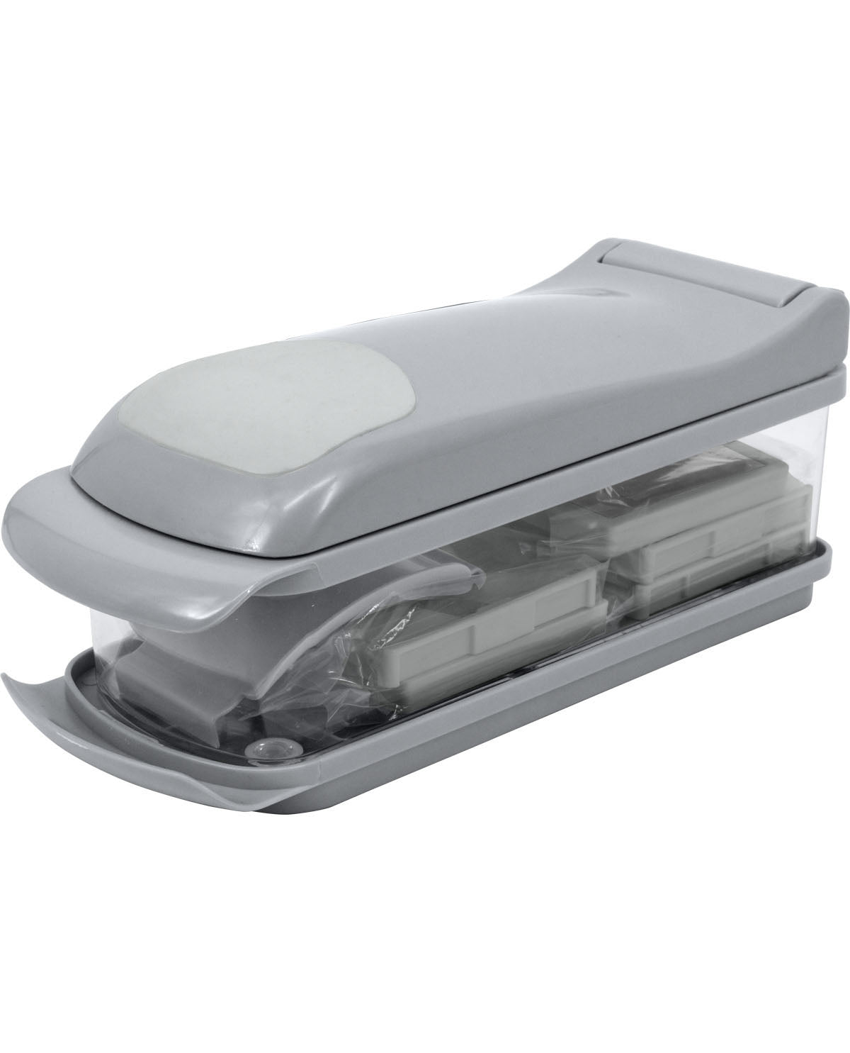 A gray plastic vacuum sealer with a clear window showing the internal heating element and control components, isolated on a white background.