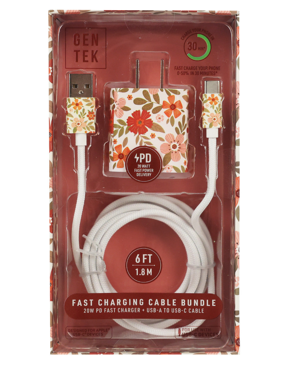 Gentek 6Ft Fast Charging Cable Bundle Tan Flowers