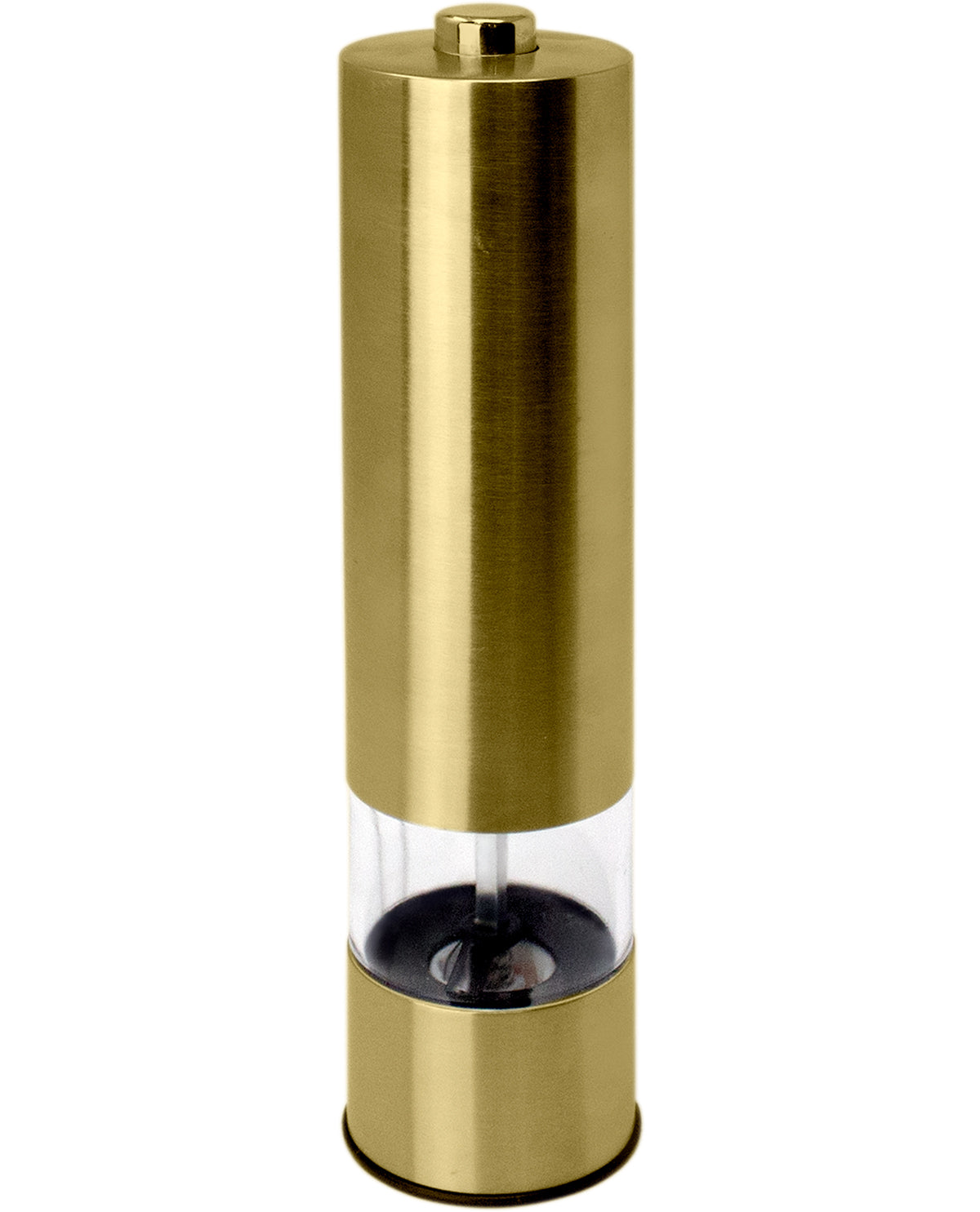 A modern cylindrical pepper mill grinder with a brushed brass gold finish, featuring a clear glass window in the center that reveals the black grinding chamber.